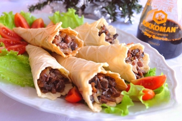 Mushroom appetizer in a waffle cone