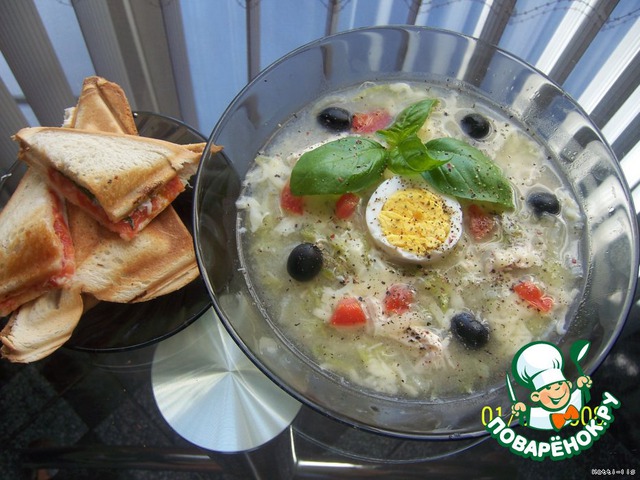 Soup Caesar salad with tomato-garlic toasts and Basil