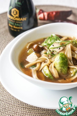 Noodle soup with mushrooms and Brussels sprouts