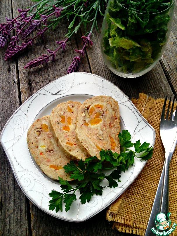 Chicken roll with cheese, nuts and dried apricots