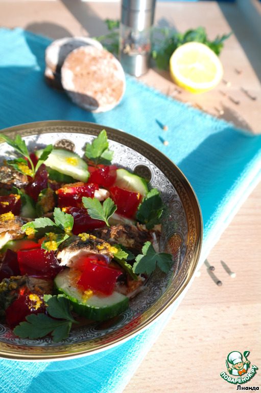 Fish salad with beetroot jelly