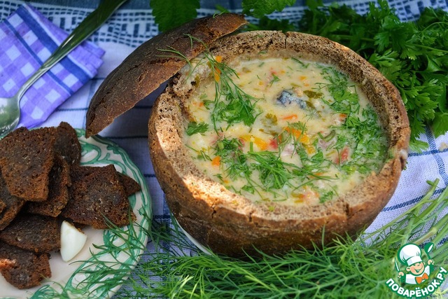 Fish soup in a bread bowl