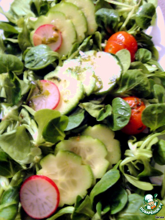 Salad with baked salmon and pickled tomatoes