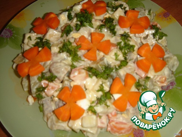 Mushroom salad with herring and vegetables