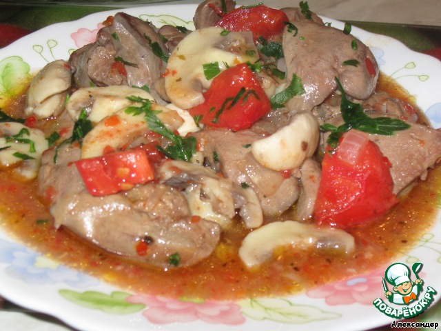 Chicken liver with mushrooms in wine