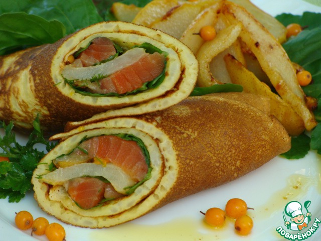 Rice pancakes with trout and pear