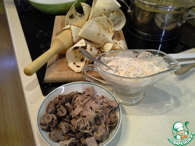 Homemade duck noodles and tortillas with meat