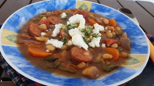 Fasolada with smoked sausages and sage