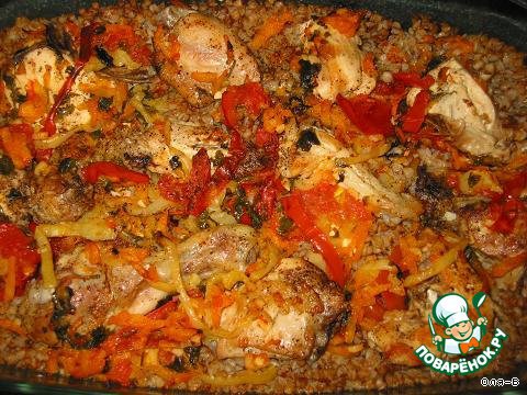 Buckwheat with chicken, stewed in the oven