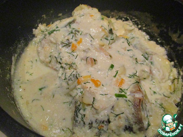 Pollock in a creamy vegetable sauce