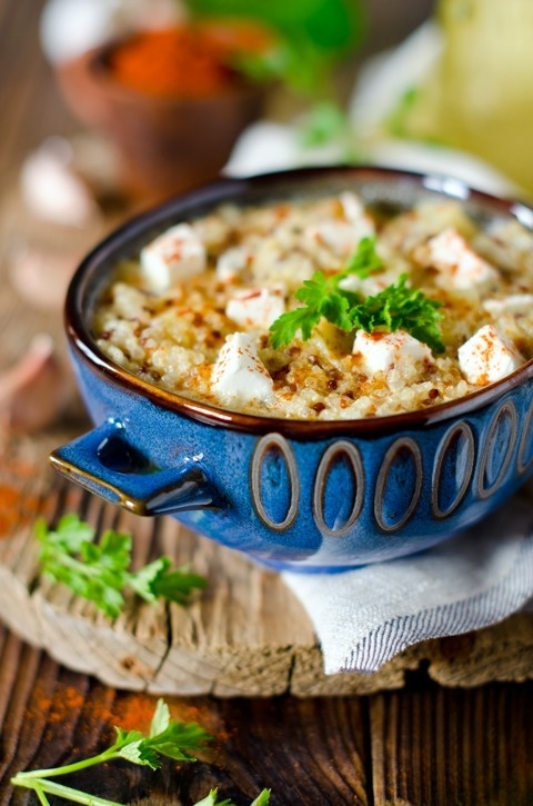 Thick soup with quinoa and feta cheese