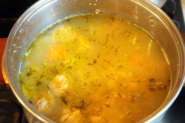 The pickle soup with meatballs from canned fish