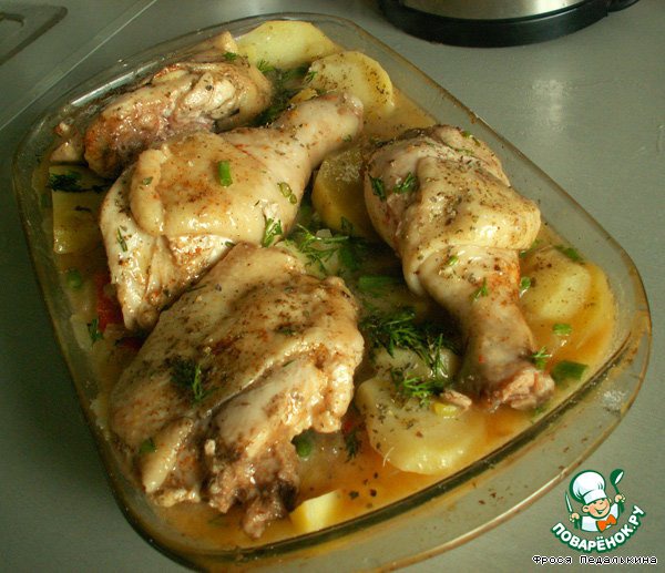 Chicken legs with roasted vegetables