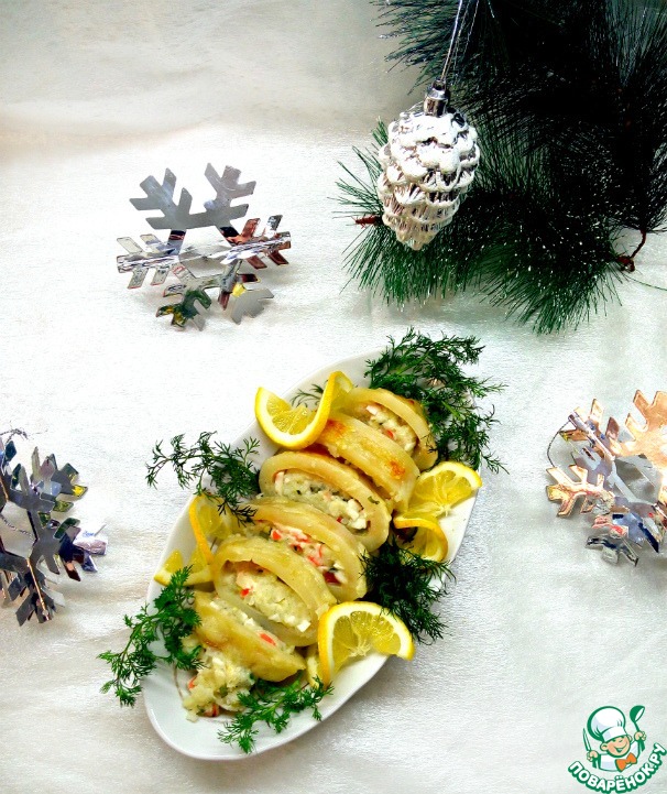 Calamari stuffed with crab meat and cheese