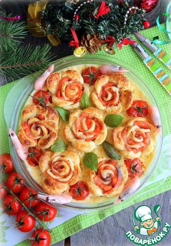 Puff roses in cheese-shrimp sauce