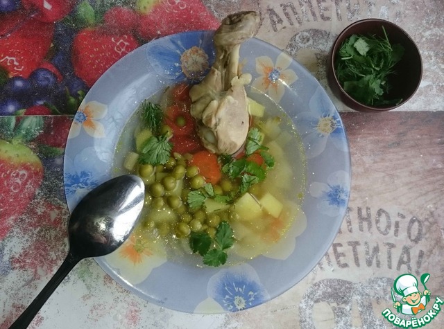 Cabbage soup from fresh cabbage with peas