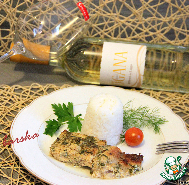 Fish in a yoghurt and cream sauce with herbs