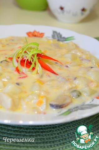 Thick creamy soup of assorted fish and seafood