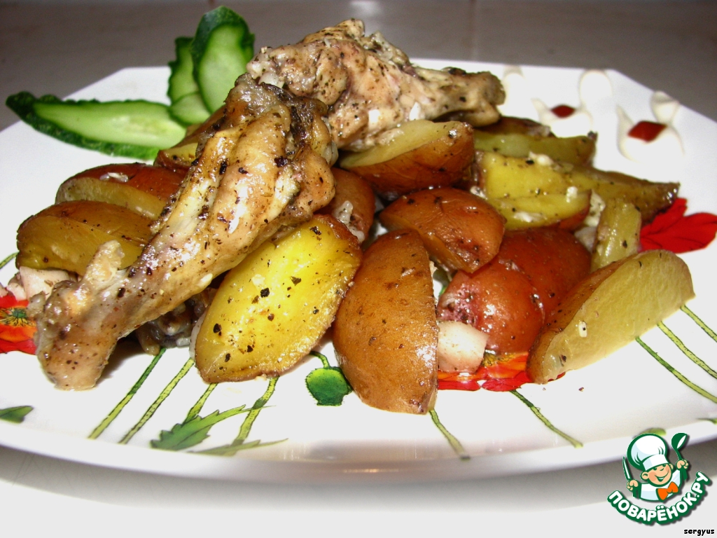 Potatoes, baked chicken wings.