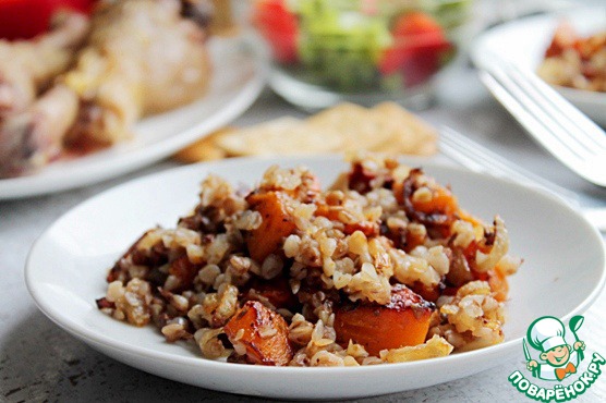 A side dish of buckwheat porridge and pumpkin