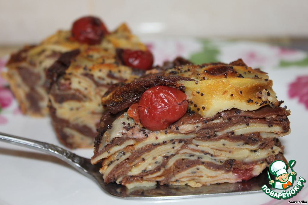 Grandma pancake with poppy seeds and cherries