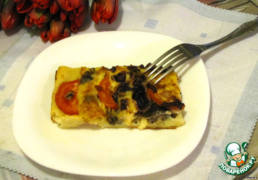 Pie with mushrooms and cheese on choux pastry