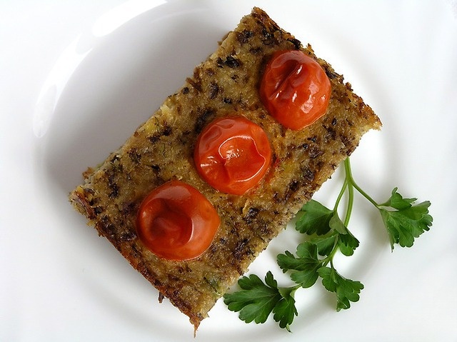 Potato-mushroom casserole/terrine with cherry