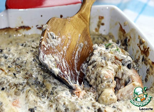 Trout baked in a creamy mushroom sauce