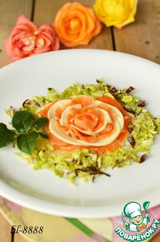 Snack of Apple and salted salmon rose