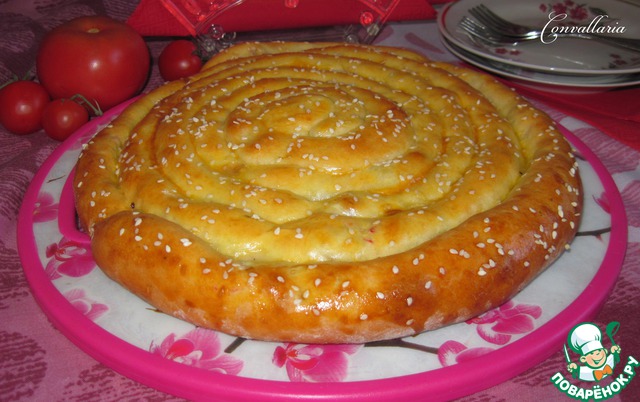 Pie with cheese and crab sticks