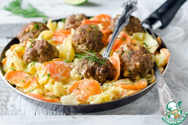 Meatballs with Adygei cheese and vegetables in a slow cooker