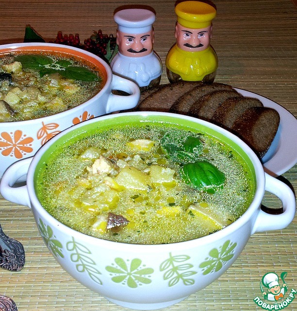 Soup with white mushrooms and chicken