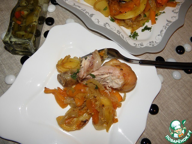 Chicken baked with pumpkin and potatoes