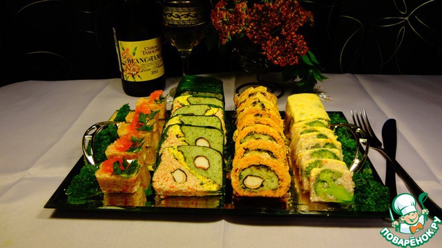 Appetizer of crab sticks salmon