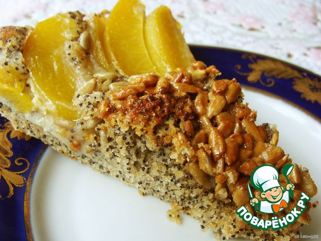 Cake with sunflower seeds and peaches