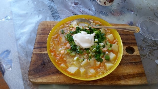 Soup of salmon with barley