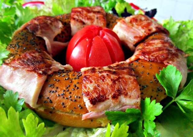 Bagels with cheese wrapped in bacon