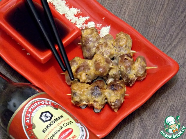 Buffet skewers of chicken hearts