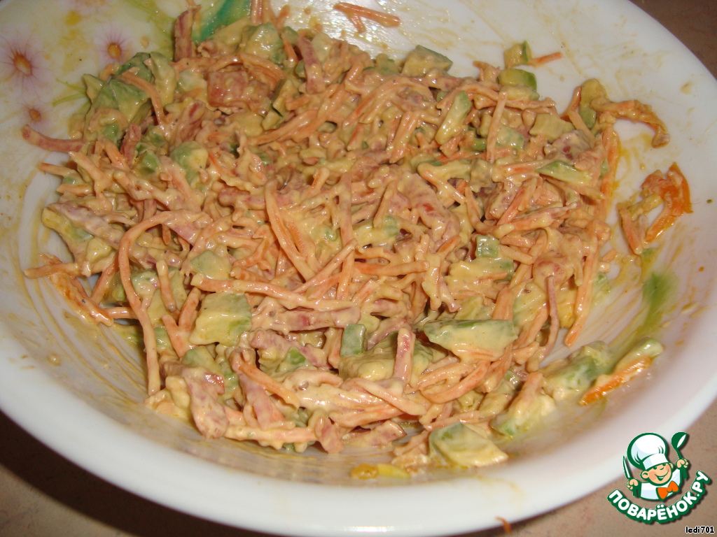 Avocado salad, Korean carrot with salmon