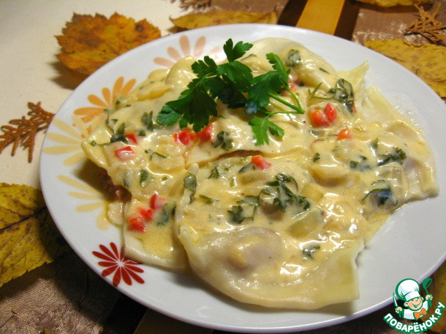 Ravioli in a beer sauce with vegetables