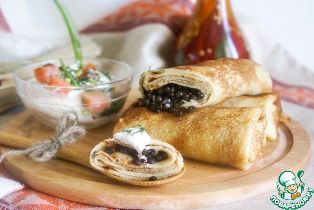 Pancakes with fake black caviar