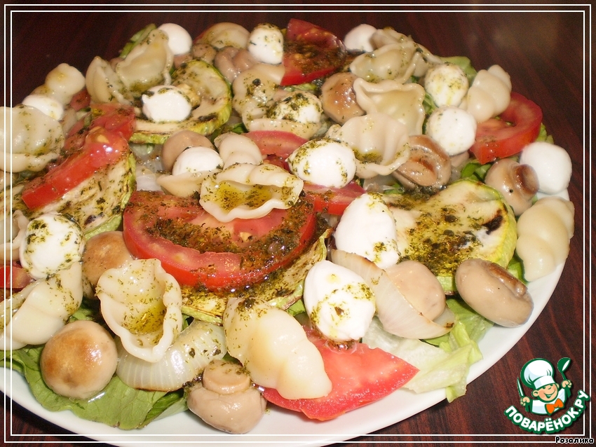 Summer salad with pasta conchiglie and mozzarella