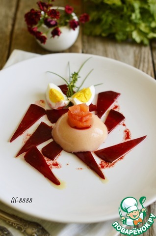 Appetizer of caviar cod, salted salmon and pickled beetroot