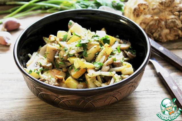 Warm salad of mushrooms with quince