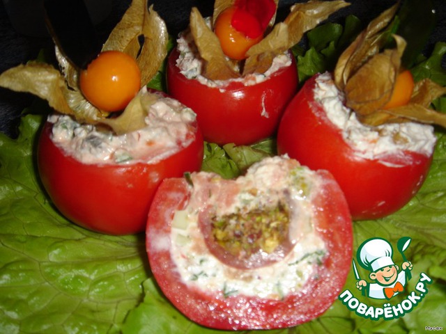 Stuffed tomatoes with cottage cheese and fish fillings + dessert