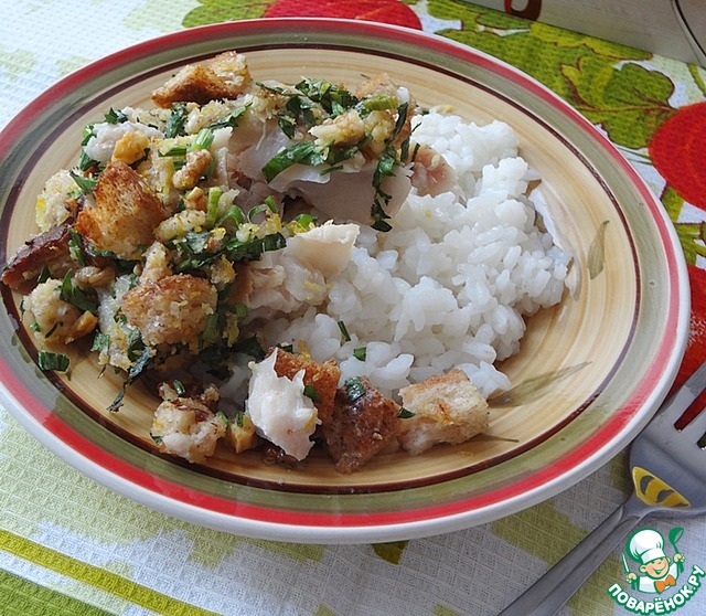 Baked hake with aromatic croutons