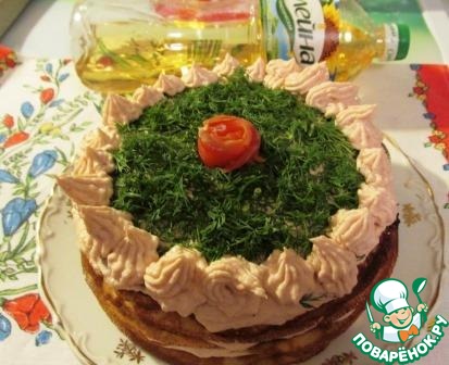 Pancake cake with cream of smoked salmon