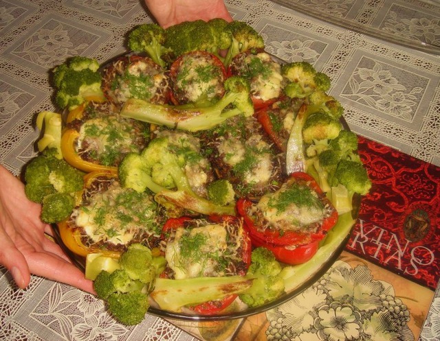 Stuffed vegetables with a side of broccoli