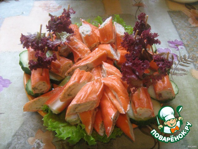 Crab sticks with mousse of salmon