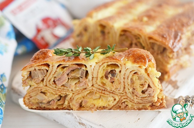 Pancake casserole with mushrooms and cheese